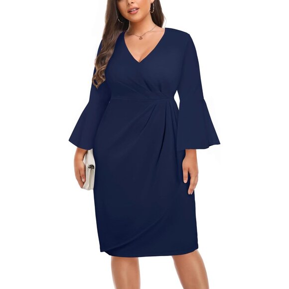Plus Size Work Dress Polyester Blend V Neck Bell Sleeves Knee Length - Picture 1 of 5